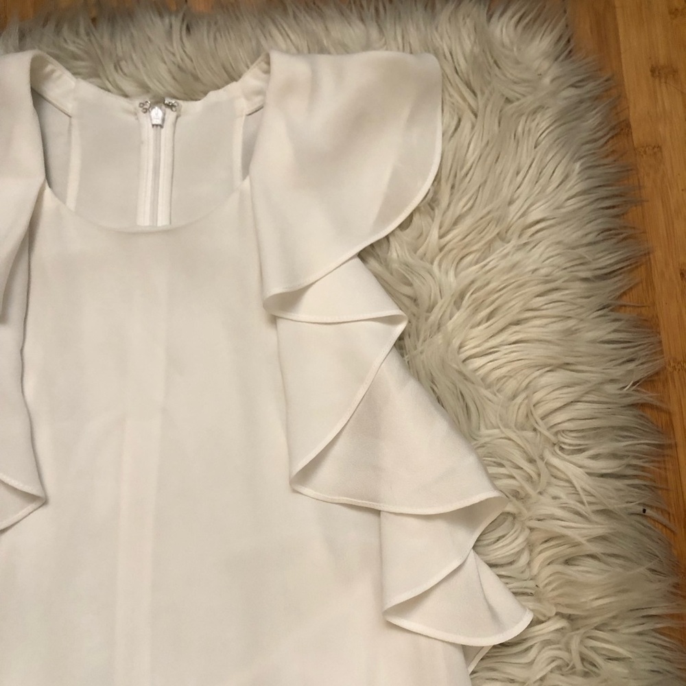 BCBG MAXAZRIA Jenni Ruffle Shoulder Racerback Chiffon White Shift Dress M NWT - Picture 5 of 14